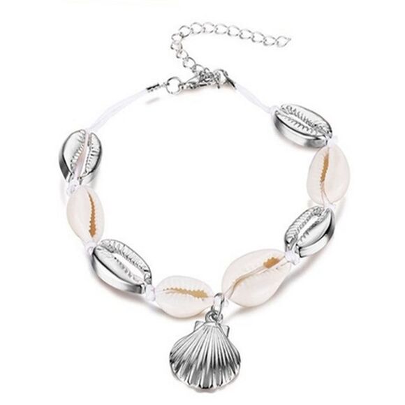 Silver Tone Cowrie Seashell Anklet With Dangle - Picture 3 of 3
